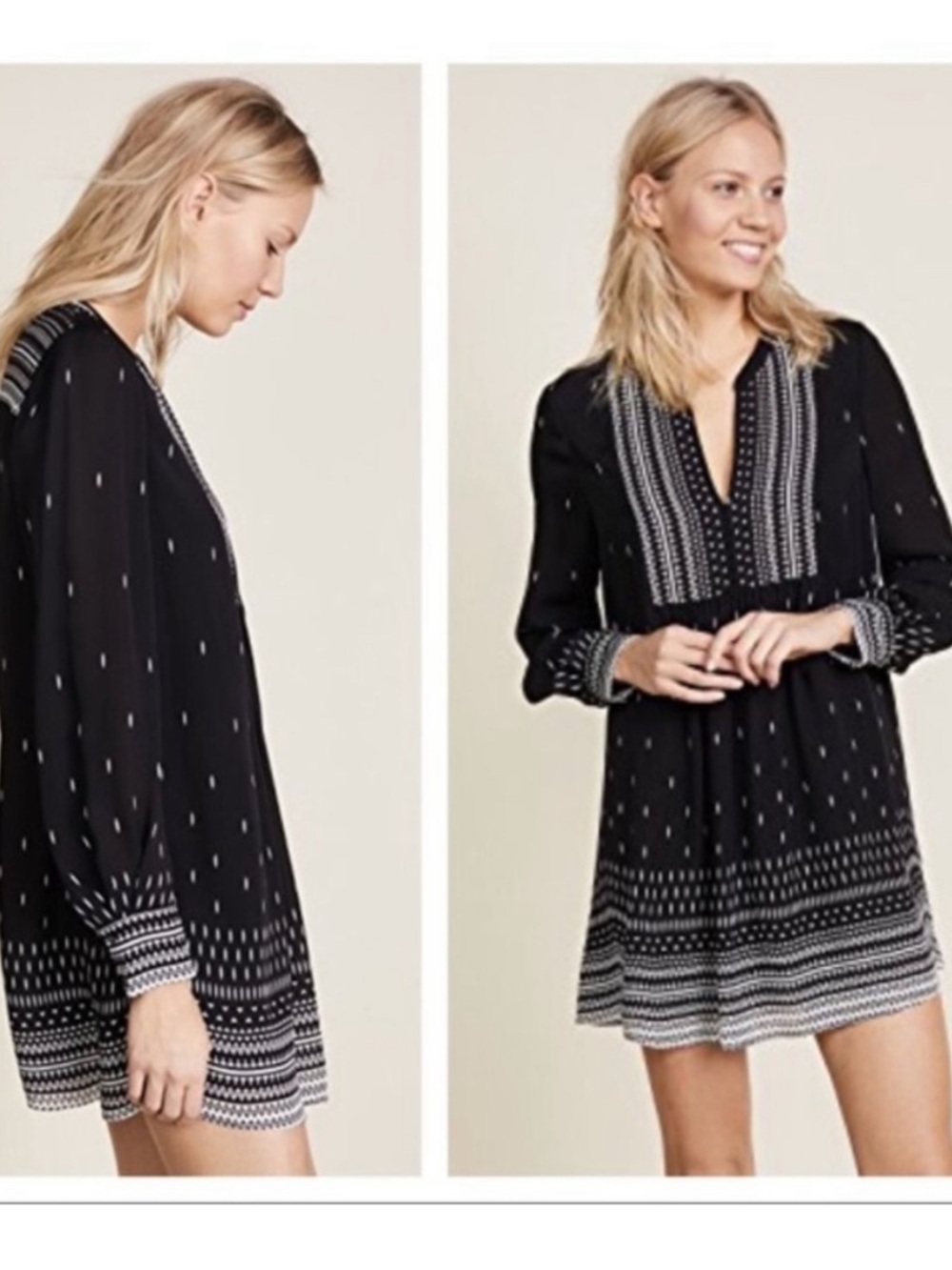 Joie Black & White Printed Long-Sleeve Silk Tunic Dress Boho size medium